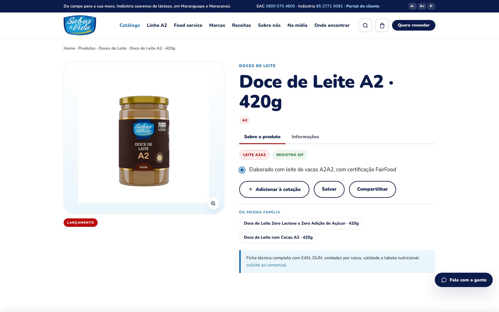 Ficha do Doce de Leite A2 no site novo